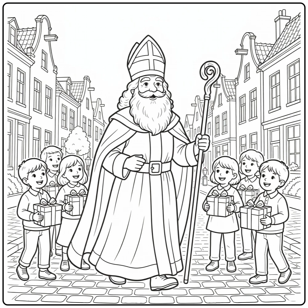 Sinterklaas Kleurplaat Sinterklaas met mijter en kinderen