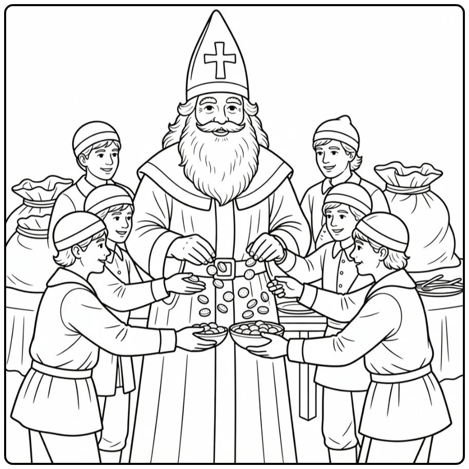 Sinterklaas Kleurplaat met pepernoten in kom en helpers