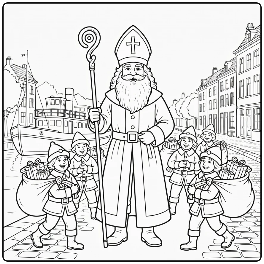 Sinterklaas Kleurplaat helpers met zakken bij stoomboot