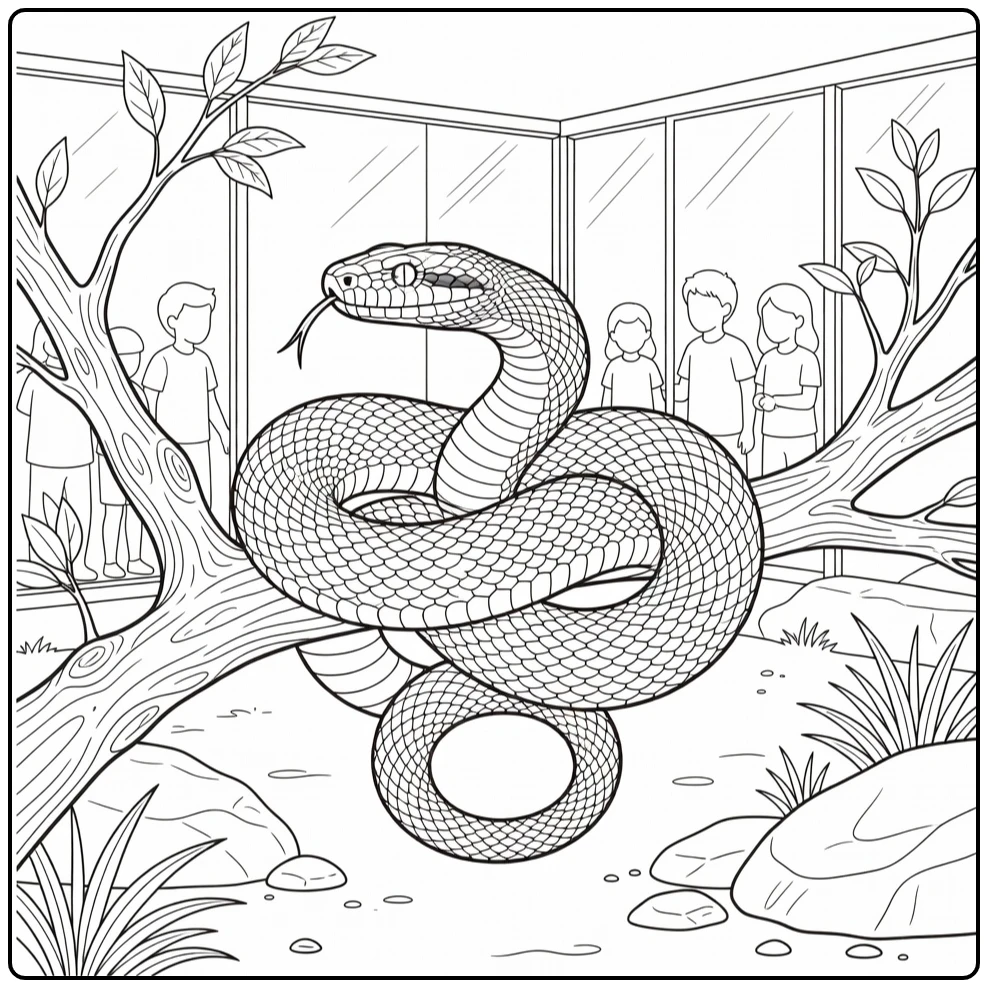 Slang Kleurplaat van slang op tak in reptielenhuis