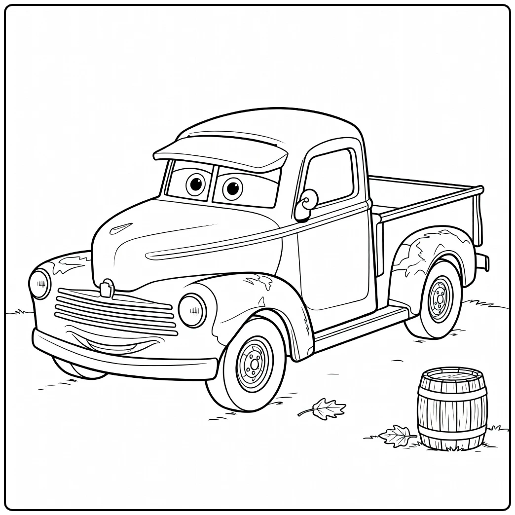Smokey Kleurplaat van een oude pickup truck met grote ogen