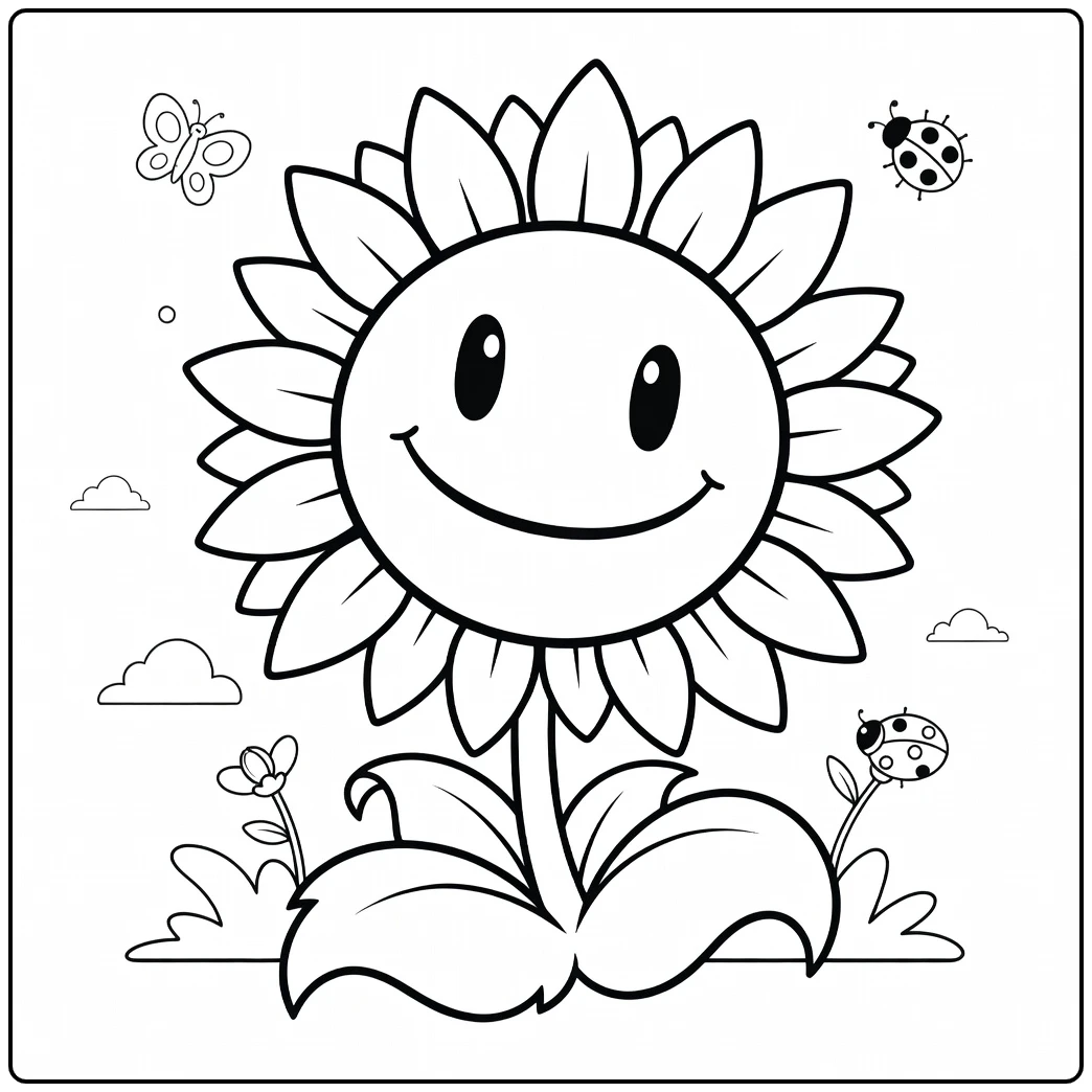 Sunflower Kleurplaat met schattige gezicht en insecten