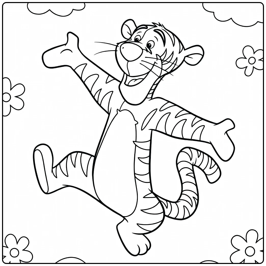 Tigger Kleurplaat van springende tijger met bloemen