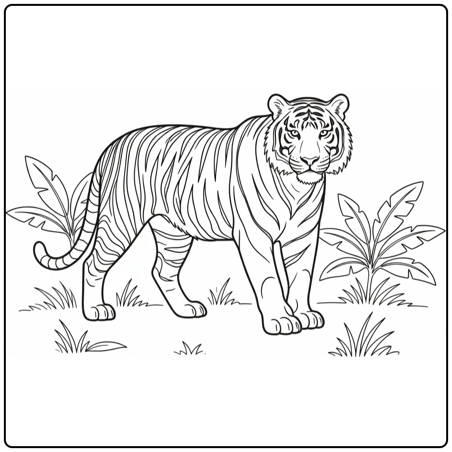 Tijger Kleurplaat van tijger in jungle open plek