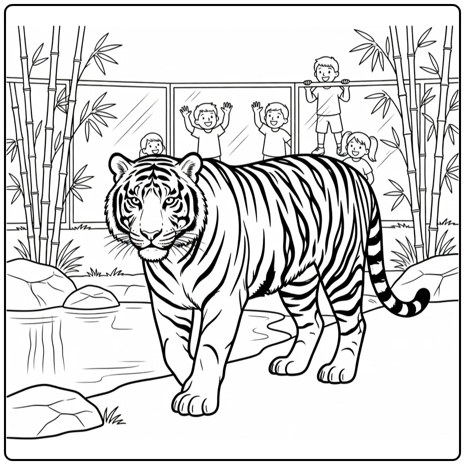Tijger Kleurplaat met tijger bij vijver en bamboe