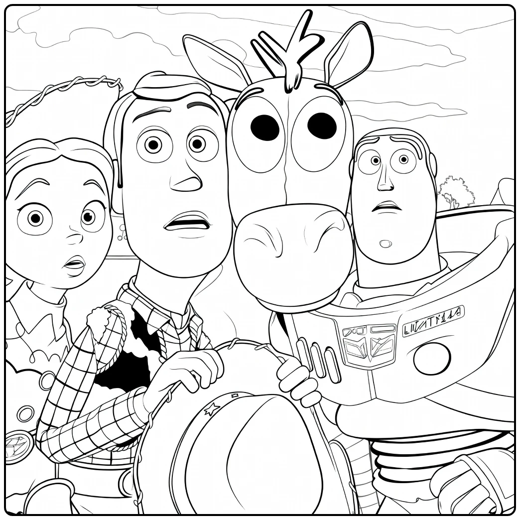 Toy Story 2 Kleurplaat met Woody Jessie Buzz Bullseye