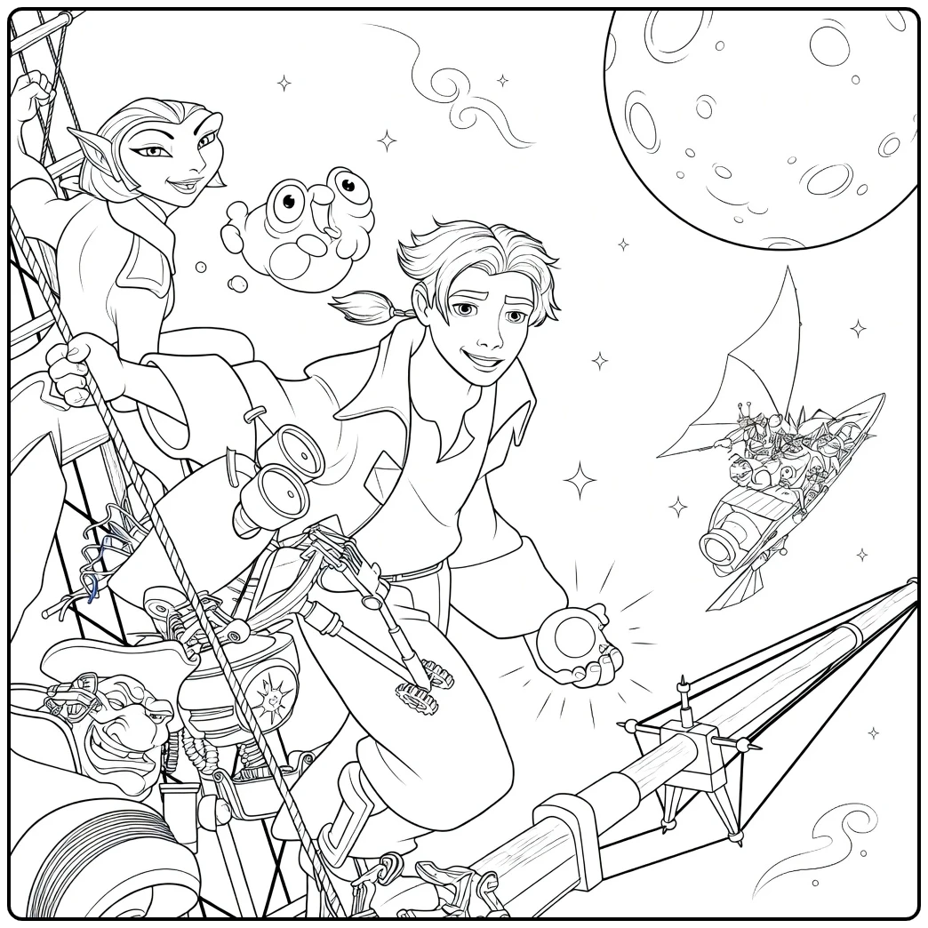 Treasure Planet Kleurplaat met Jim Hawkins in de ruimte