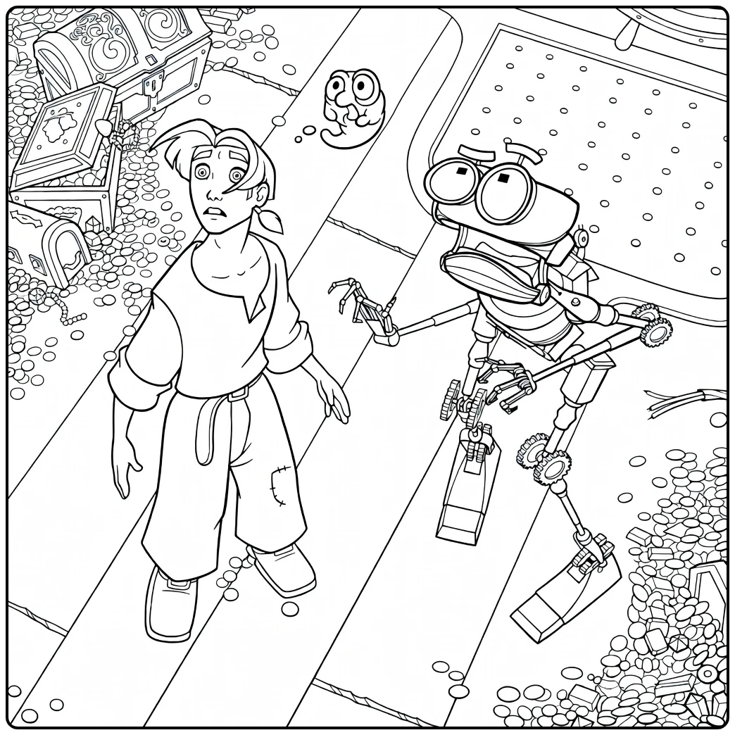 Treasure Planet Kleurplaat Jim Hawkins met robot avontuur