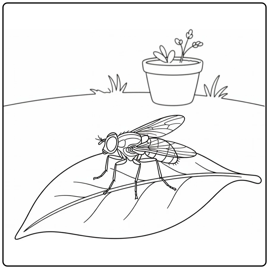 Vlieg Kleurplaat met huisvlieg op blad en bloempot