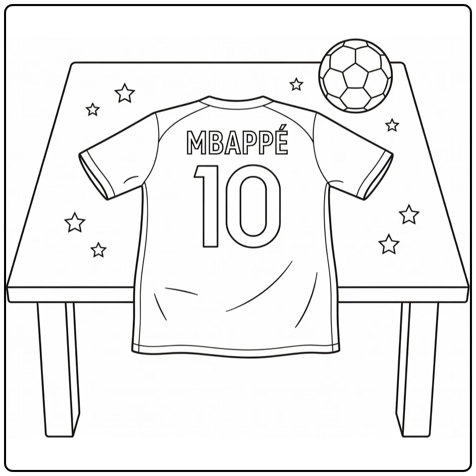 voetbalshirt kleurplaat Mbappé nummer 10 op trofee