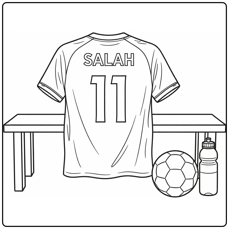 voetbalshirt kleurplaat Salah nr 11 op bank met bal