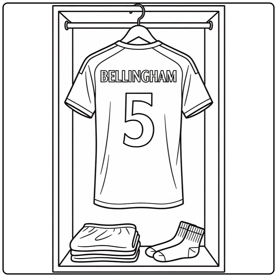 voetbalshirt kleurplaat Jude Bellingham nr 5 in kast