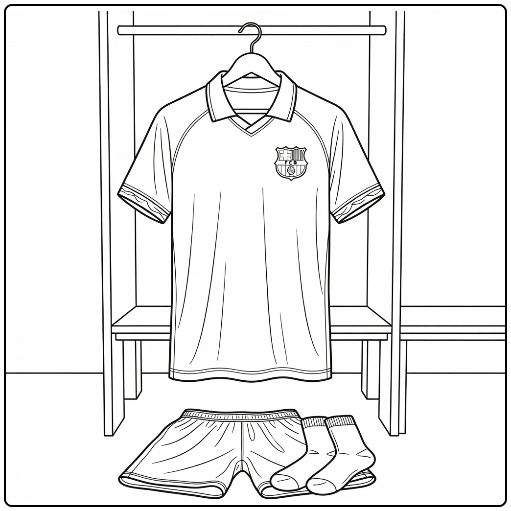 voetbalshirt kleurplaat in kleedkamer met shorts en sokken