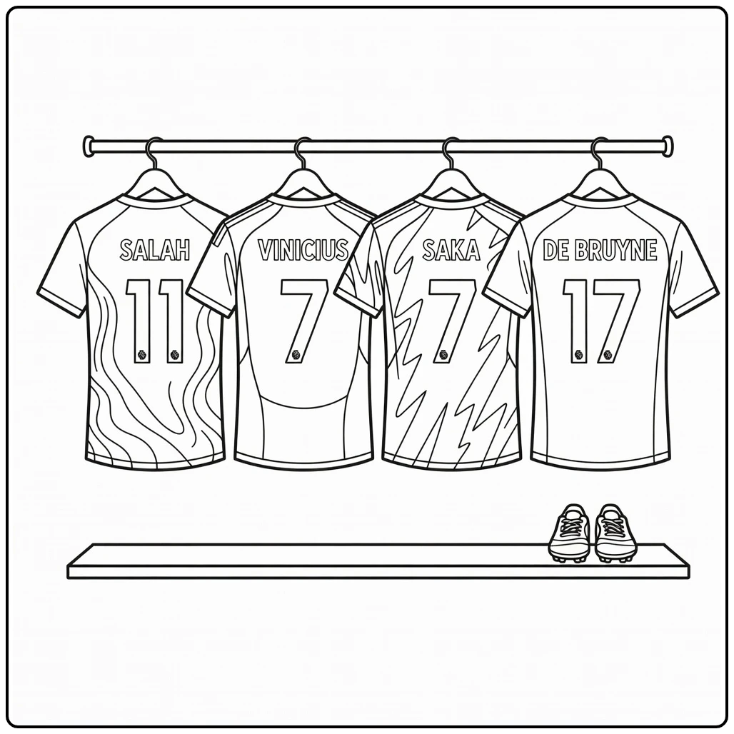 voetbalshirt kleurplaat met vier clubtruien in rek