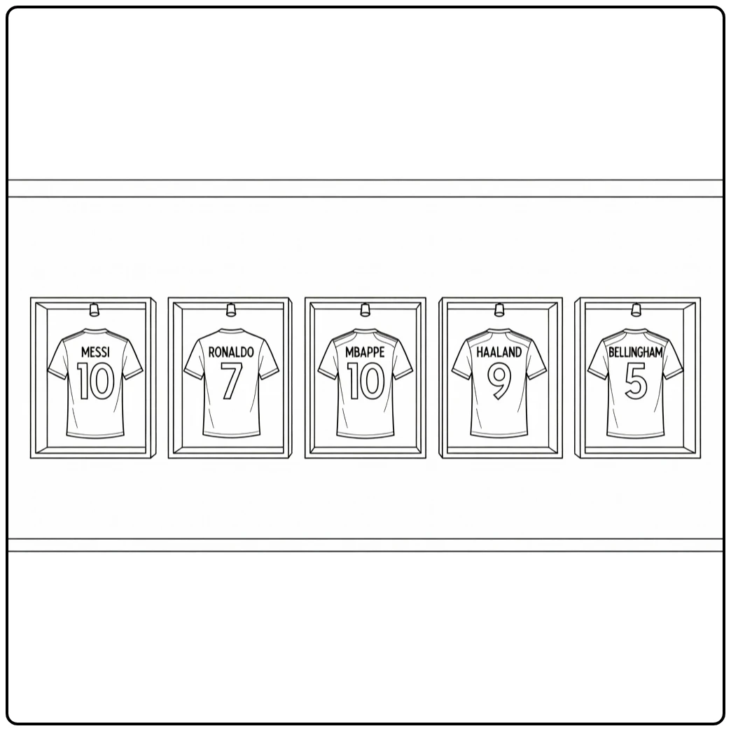 voetbalshirt kleurplaat met vijf jerseys in vitrines