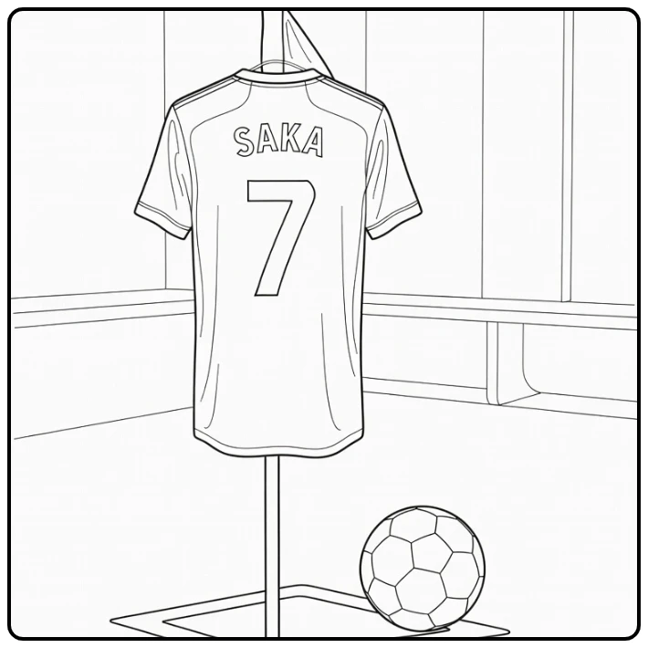 voetbalshirt kleurplaat Bukayo Saka nummer 7 hoekvlag