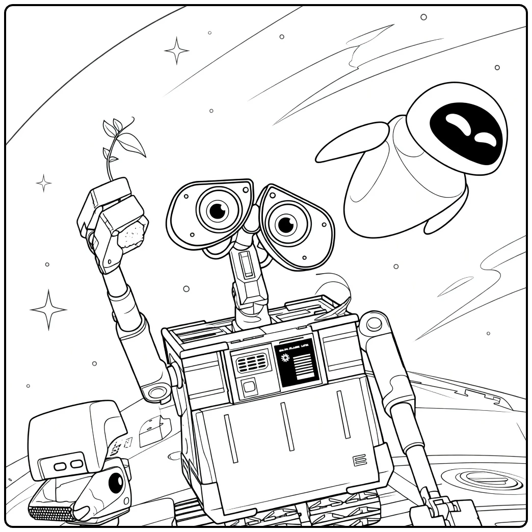Download wall-e kleurplaat met WALL-E en EVE in de ruimte