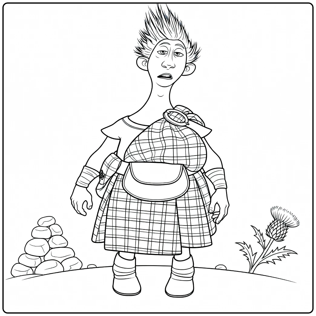 Wee Dingwall Kleurplaat met plaid kilt en stekelig haar