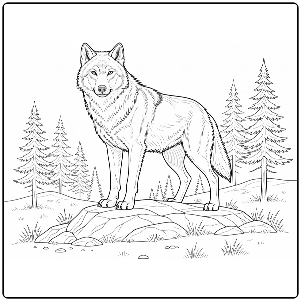 Wolf Kleurplaat wolf op rots in bosopruiming