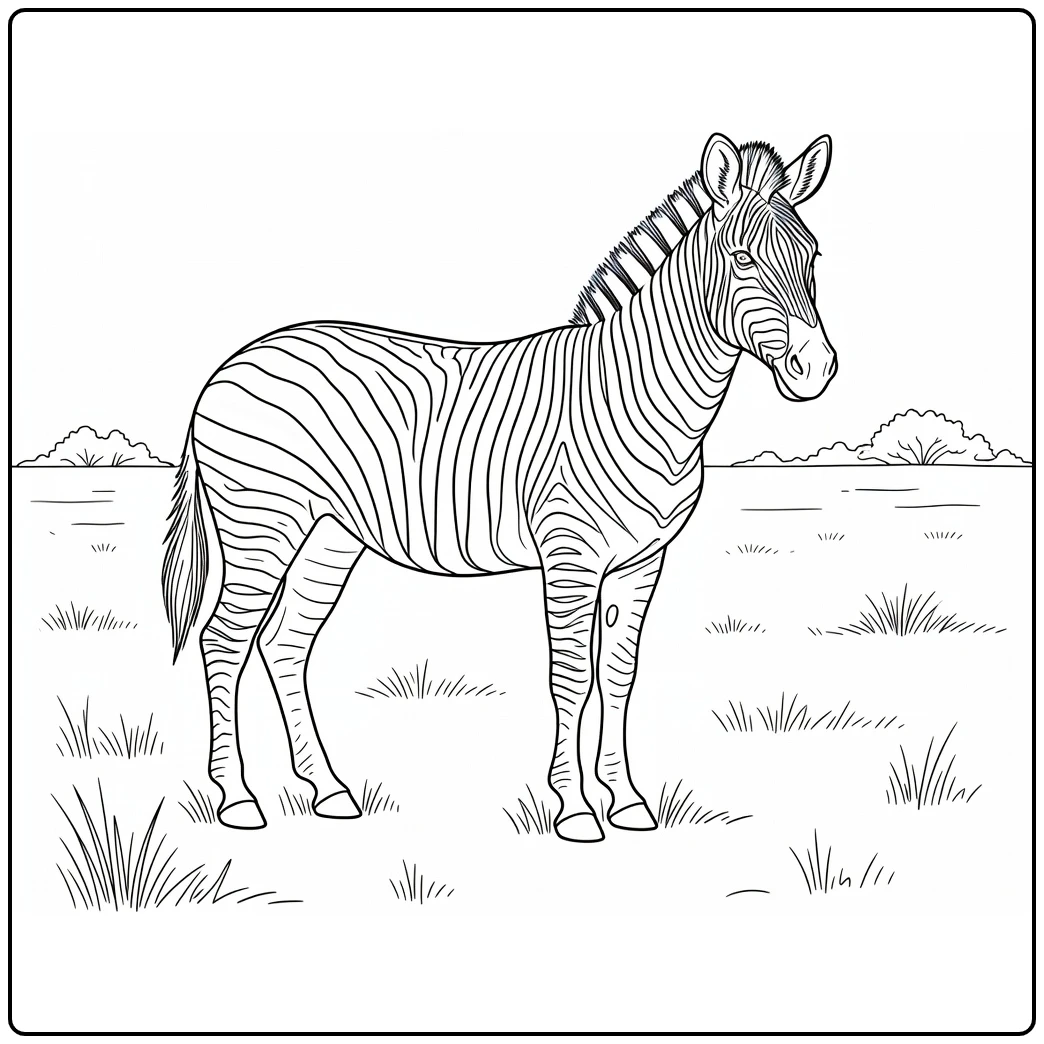 Zebra Kleurplaat van zebra op open grasland