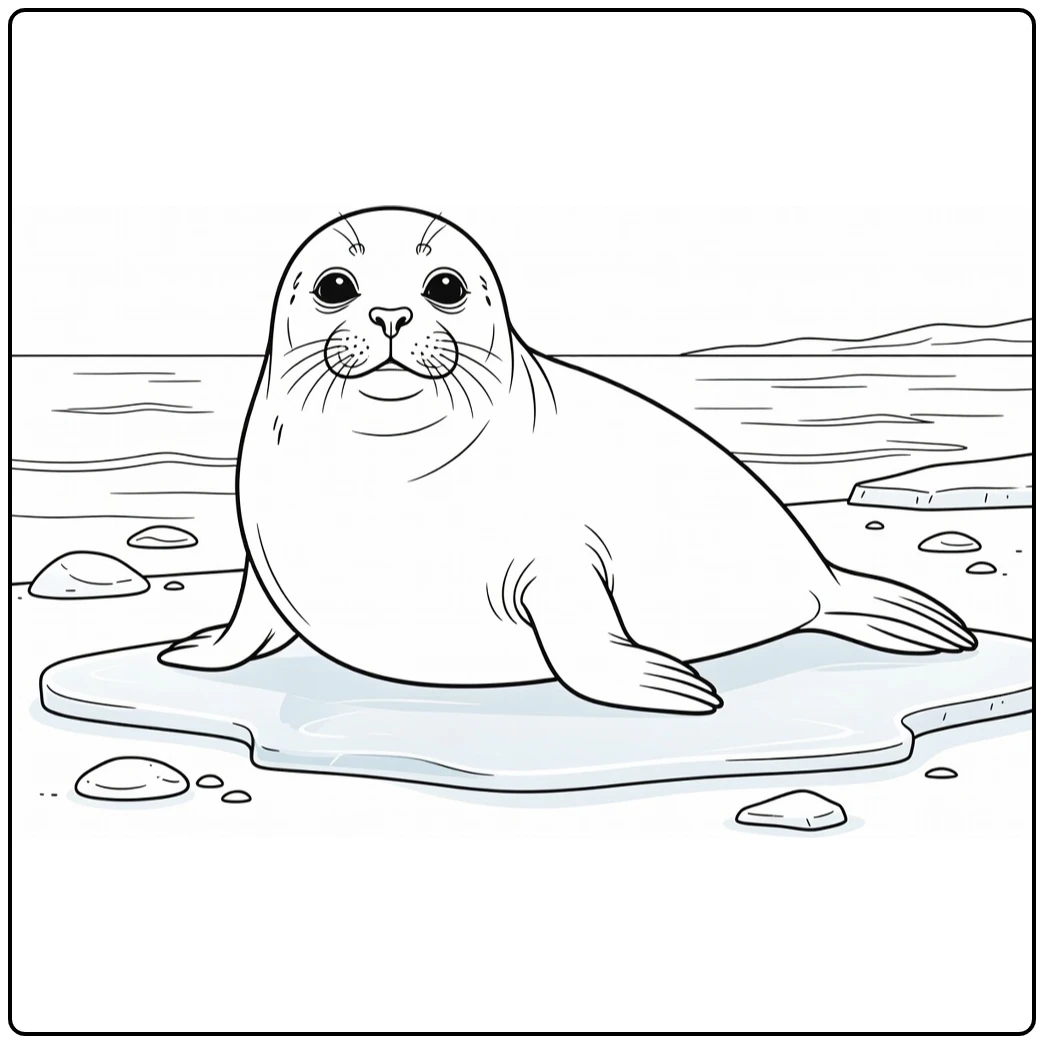 Zeehond Kleurplaat van een zeehond met ronde ogen op ijs