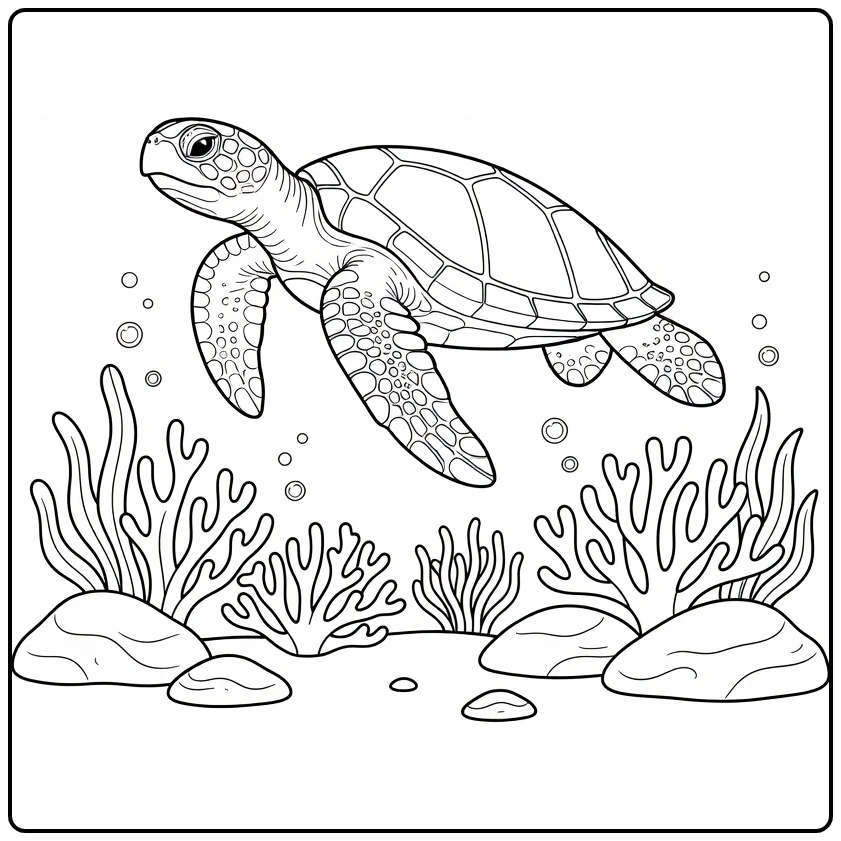 Zeeschildpad Kleurplaat met zeeschildpad en koraalrif