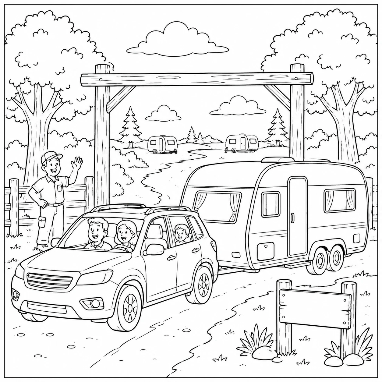 Auto met caravan rijdt door een houten campingpoort, terwijl een medewerker zwaait.
