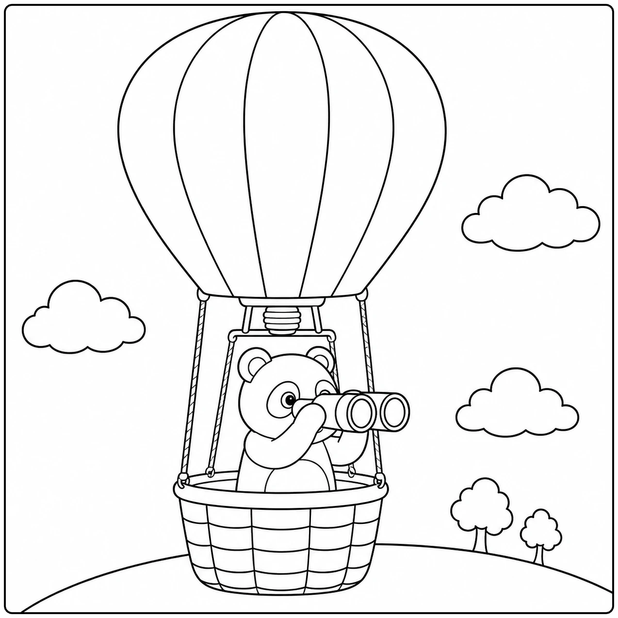 Aapje met verrekijker in een kleurplaat luchtballon tussen wolken boven kleine bomen