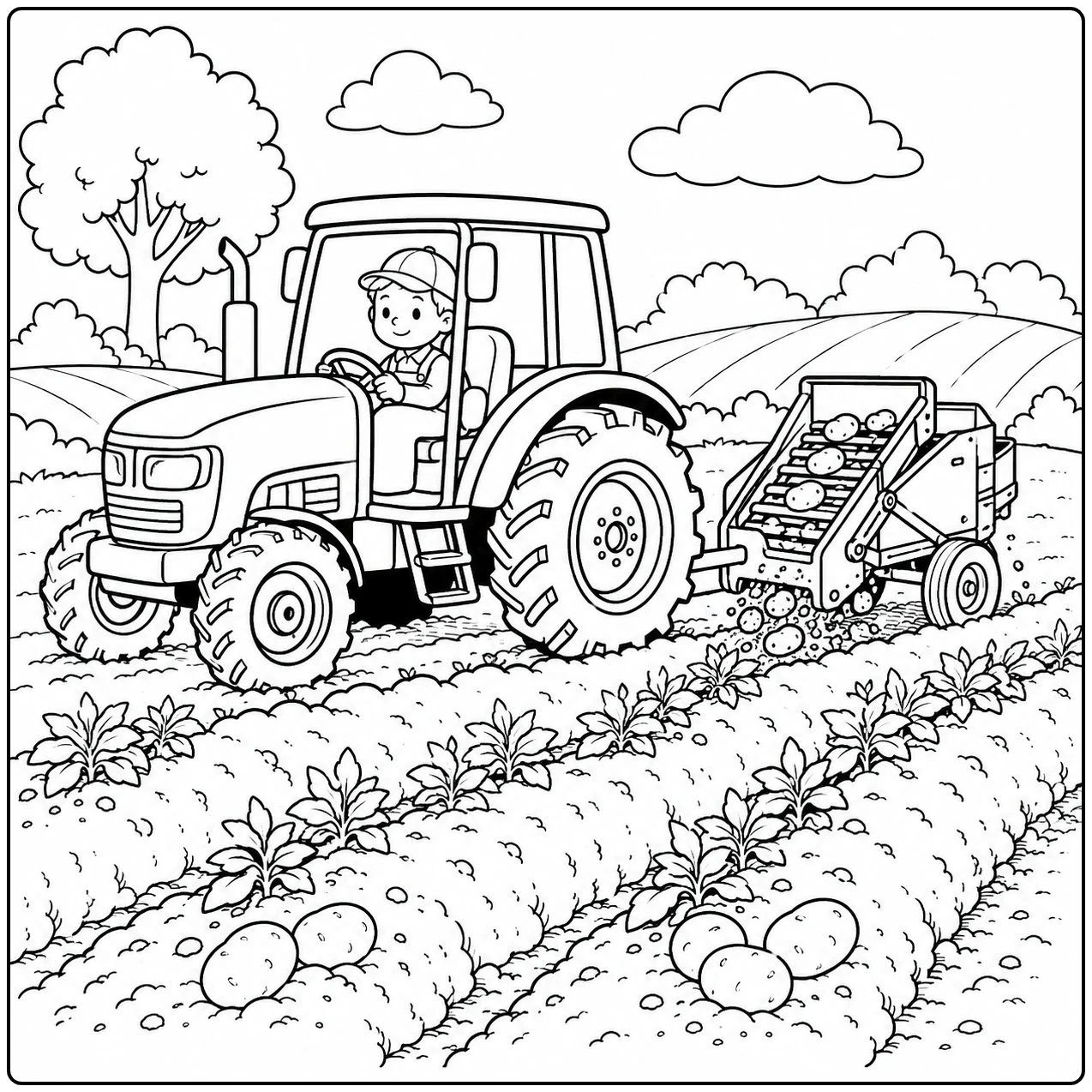 Tractor rooit aardappelen uit lange rijen met een oogstmachine in deze Oogsttrekker kleurplaat