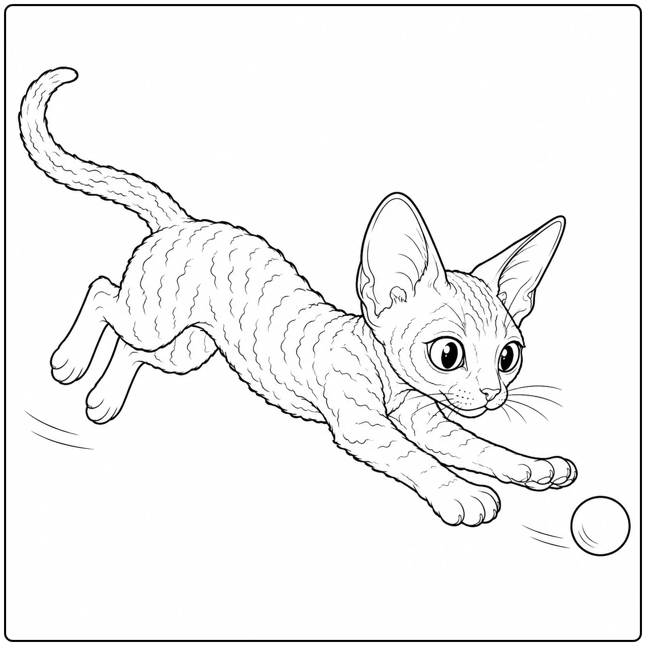 Een kleurplaat devon rex toont een kat die laag naar een kleine bal op de grond springt.