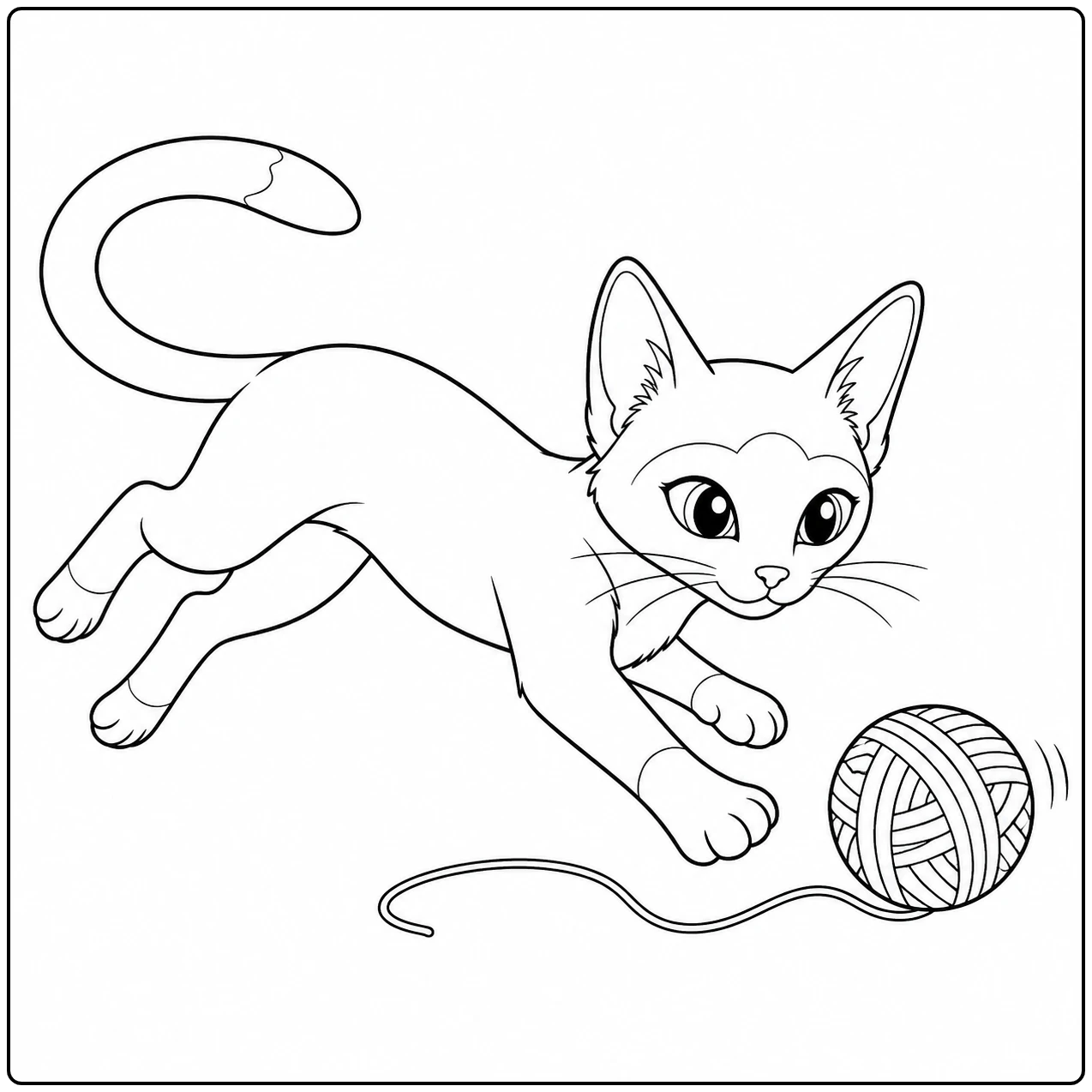 Springende Siamese kat jaagt op een bol wol, met uitgestrekte poten en een zwierende staart