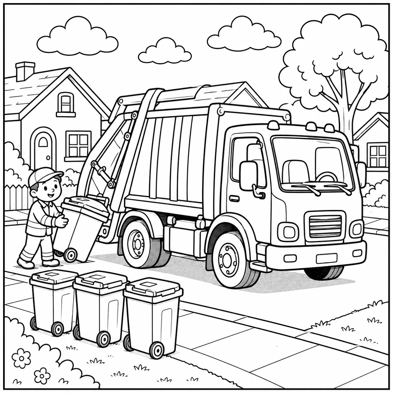 Een kleurplaat vuilniswagen met grote ogen, achterlader en afvalbakken in een kindvriendelijk ontwerp