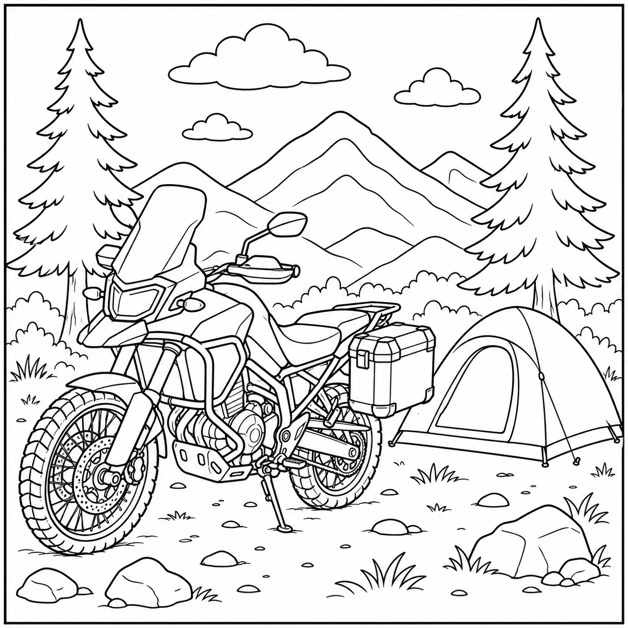 Adventure motor bij een tent en bergen, uitgewerkt als honda motor kleurplaat voor reizigers