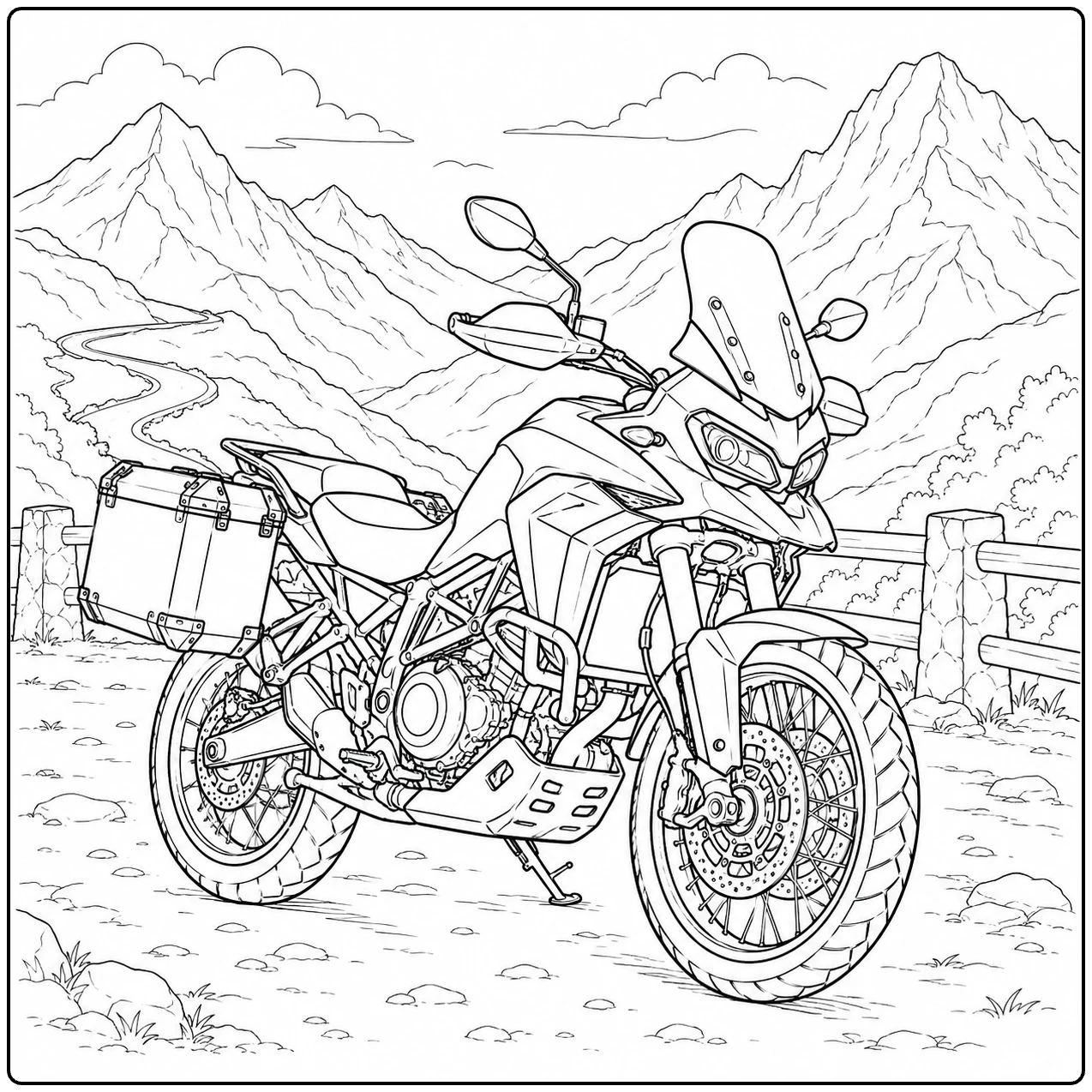 Adventuremotor met koffers staat voor hoge bergen en een stenen wegafscheiding.