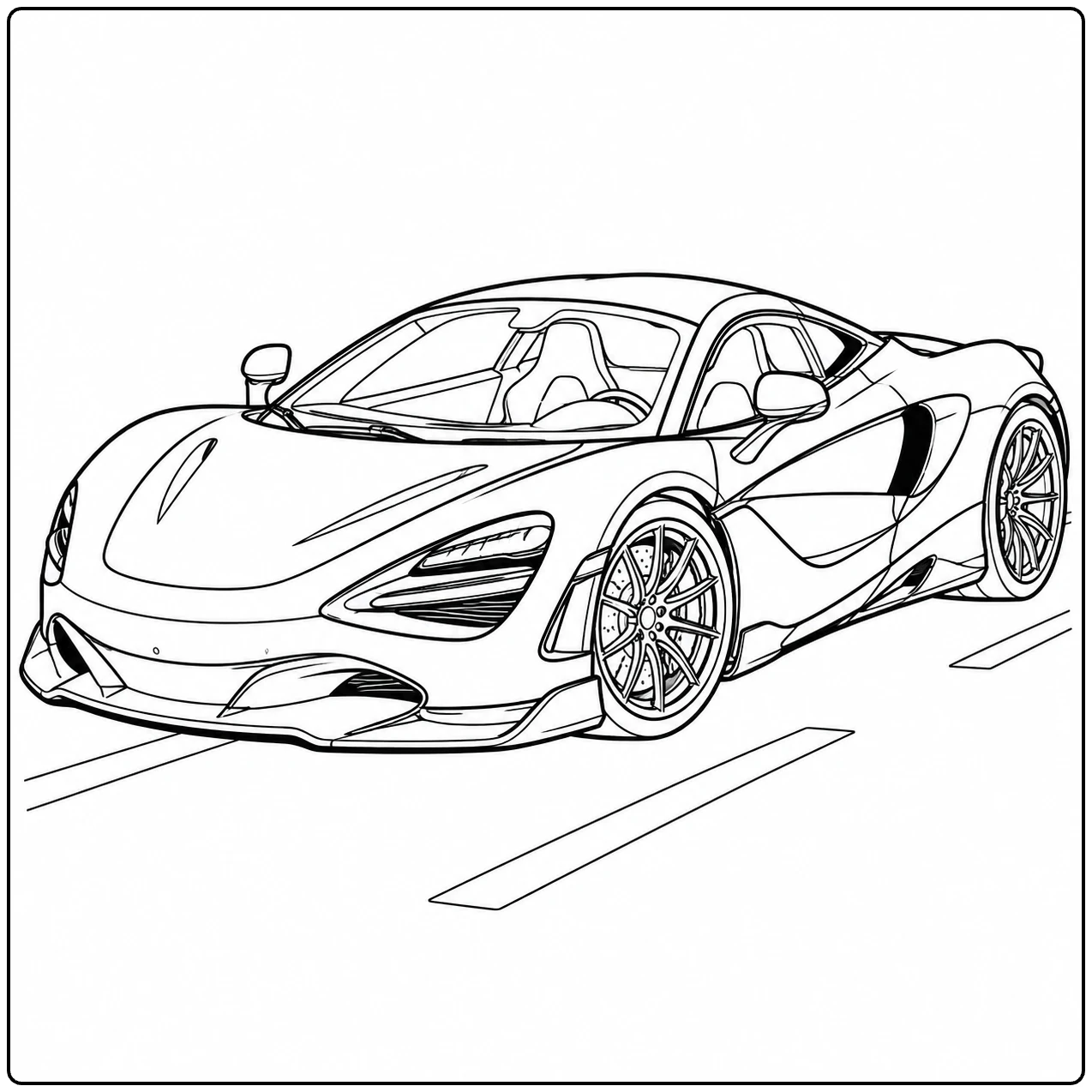 kleurplaat auto mclaren met een moderne racewagen in driekwartperspectief en sportieve carrosserie