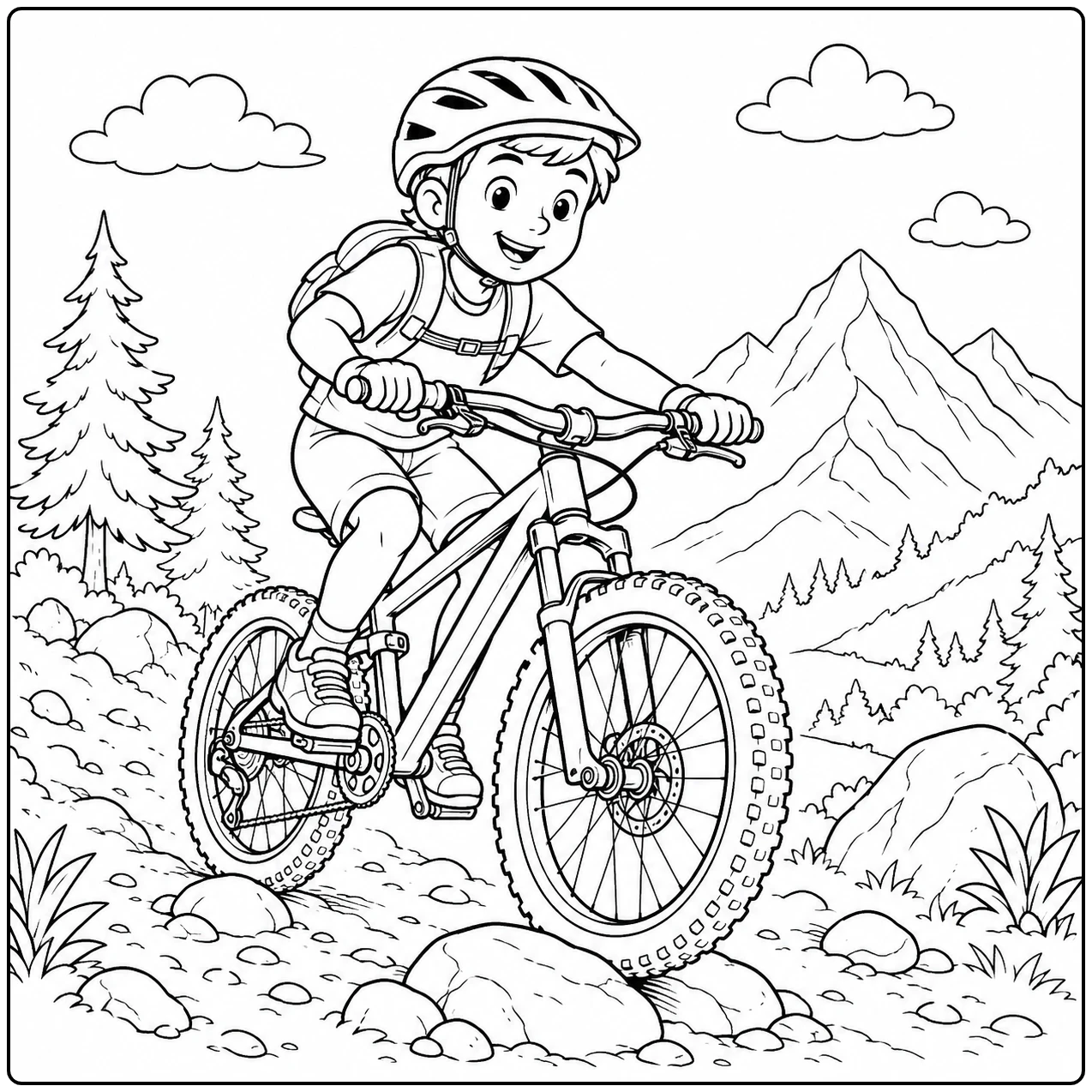 Mountainbiker daalt over een rotsachtig bergpad met dennen en hoge bergtoppen in de verte