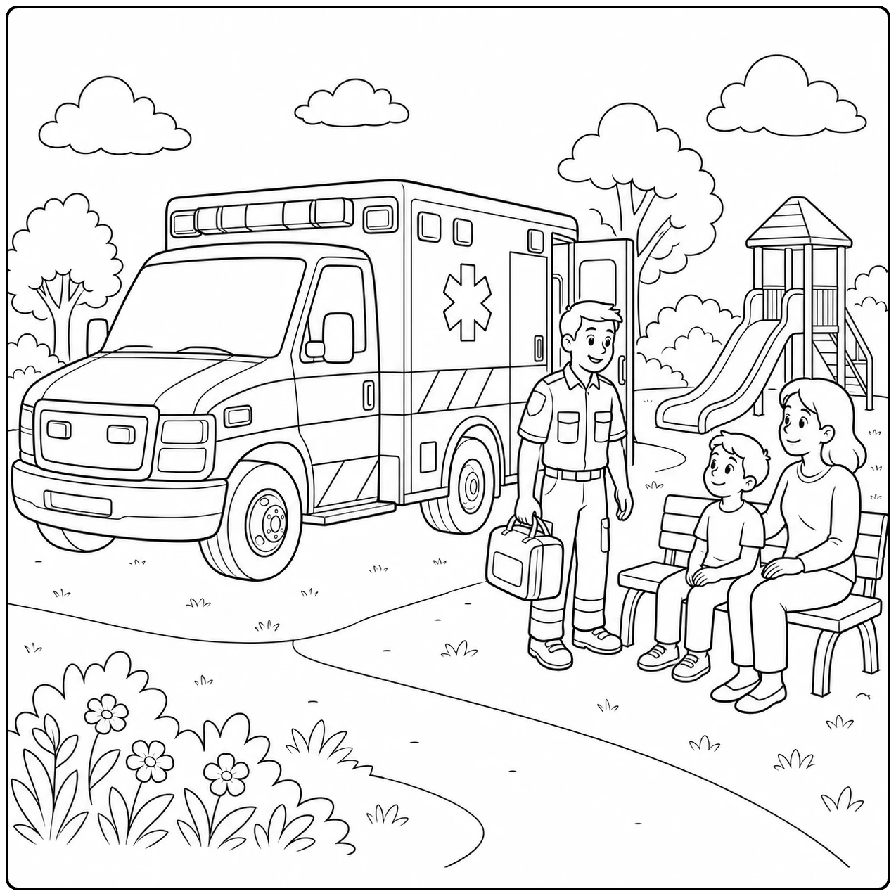 Ambulance bij een speeltuin, met hulpverleners en kinderen op een bankje als kleurplaat ambulance