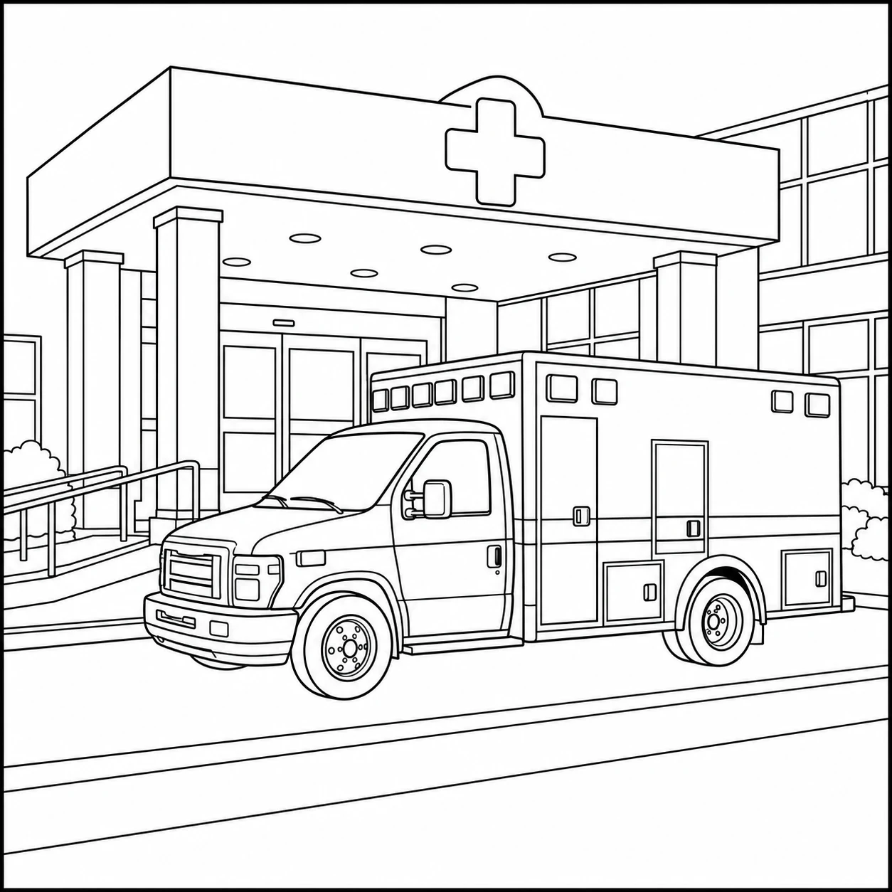 kleurplaat ambulance bij de overdekte ingang van een ziekenhuis met oprijlaan en grote deuren