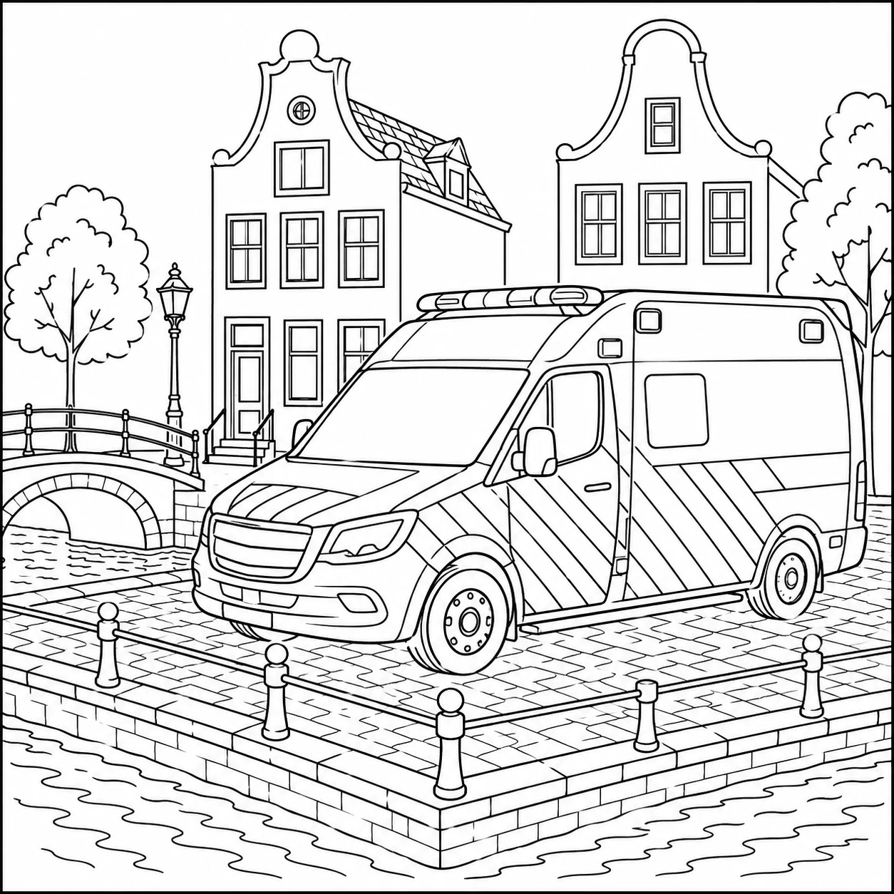 Nederlandse kleurplaat ambulance bij een gracht, brug en twee hoge grachtenpanden