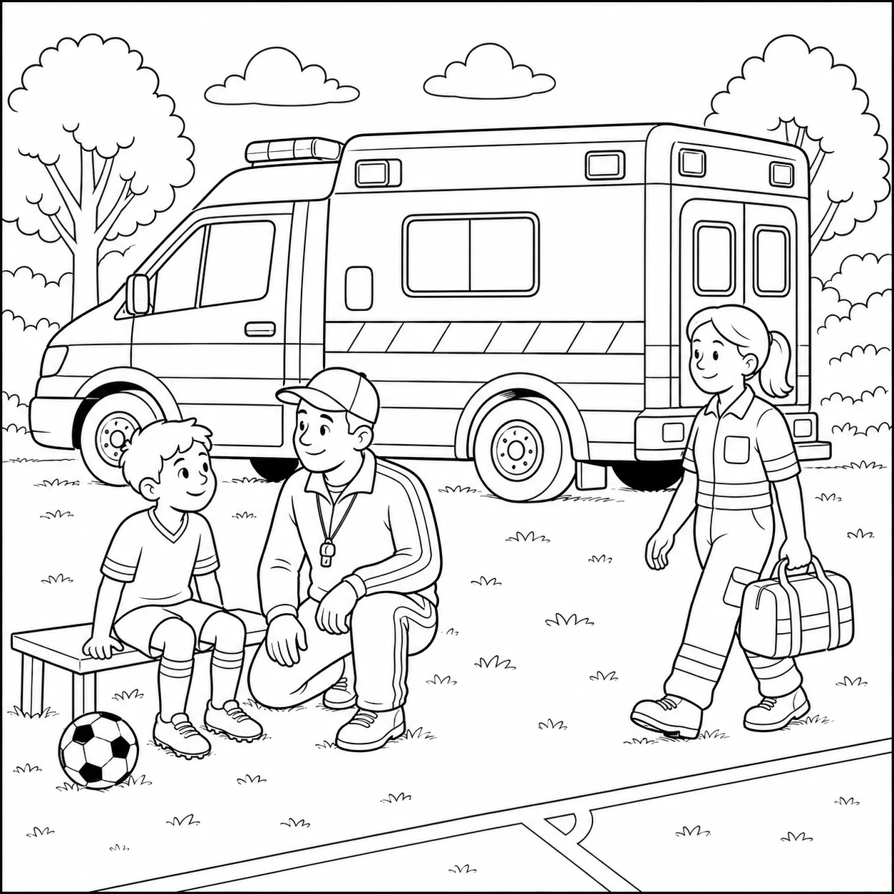 Ambulance langs een voetbalveld waar een speler op een bankje met een hulpverlener praat