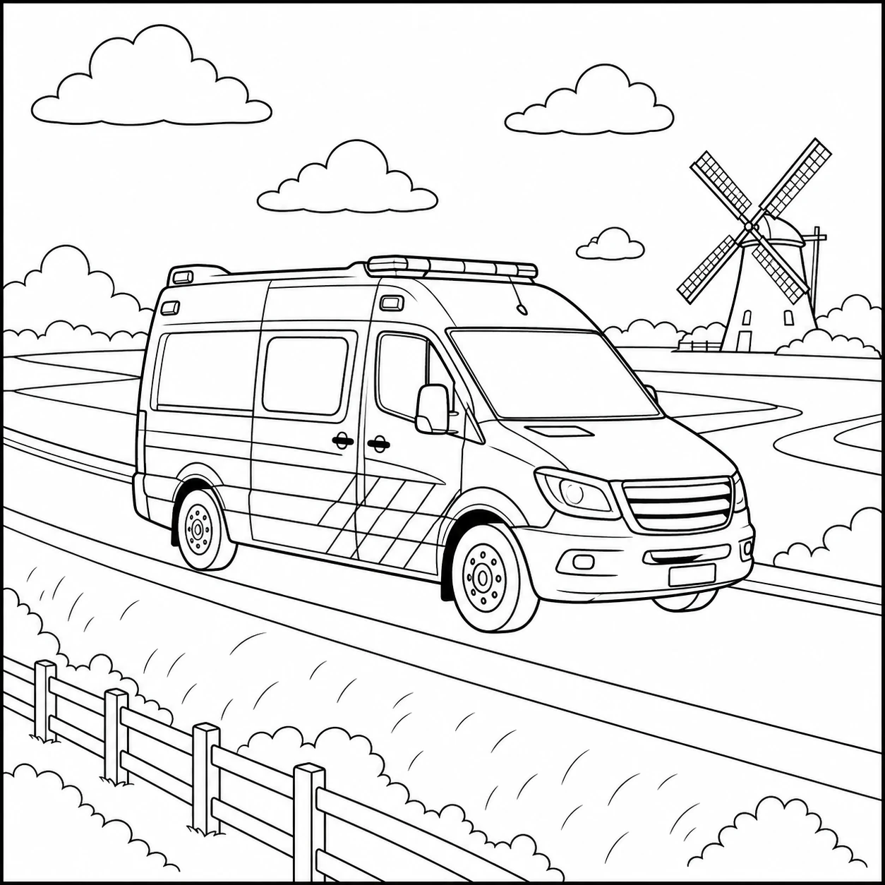 Op een landelijke dijk rijdt een kleurplaat ambulance langs velden, hekwerk en een windmolen