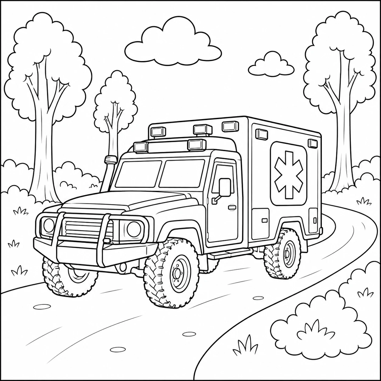 Militaire ambulance rijdt over een bospad met bomen, struiken en een medisch teken.