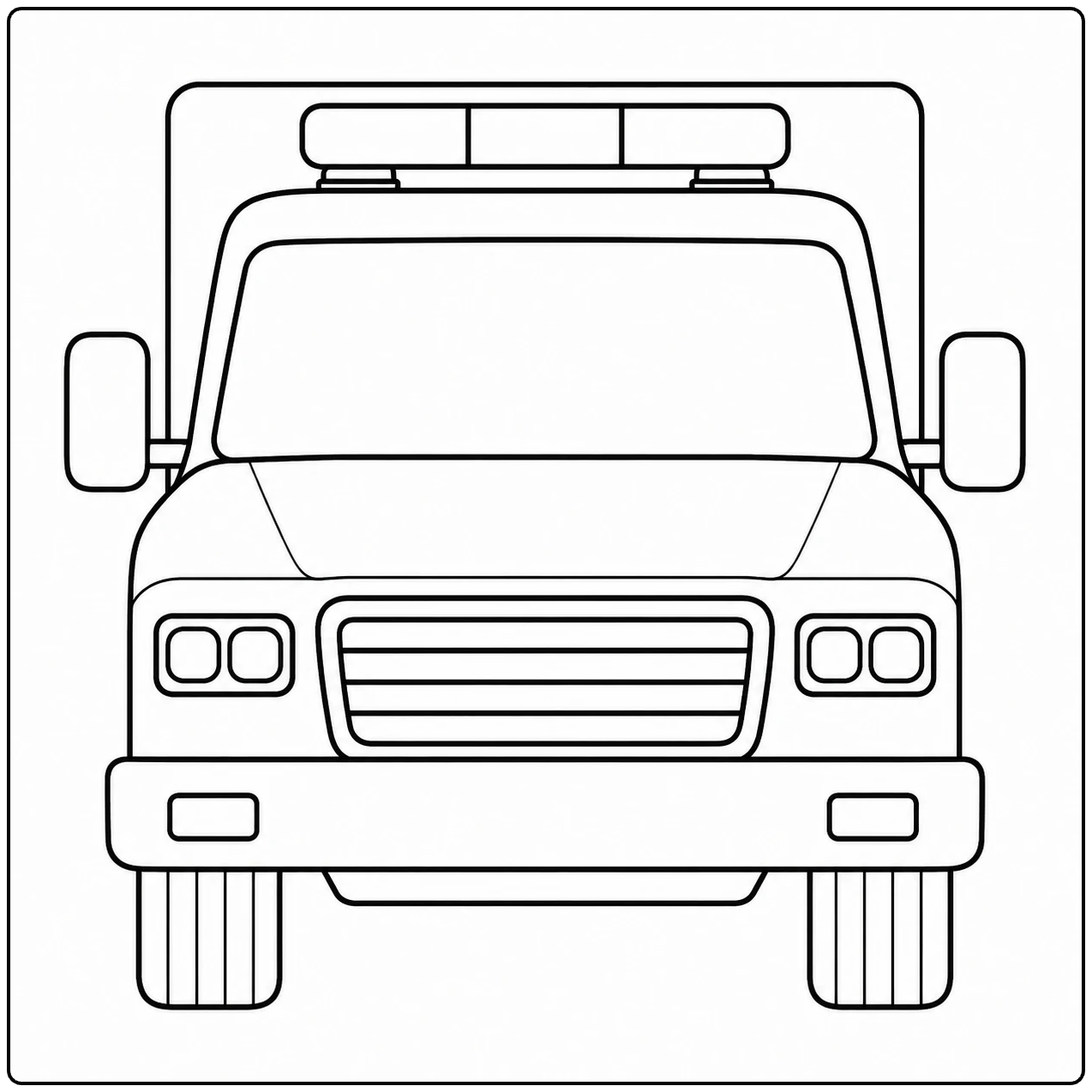 Frontale kleurplaat ambulance met brede voorruit, grote spiegels en een duidelijke lichtbalk
