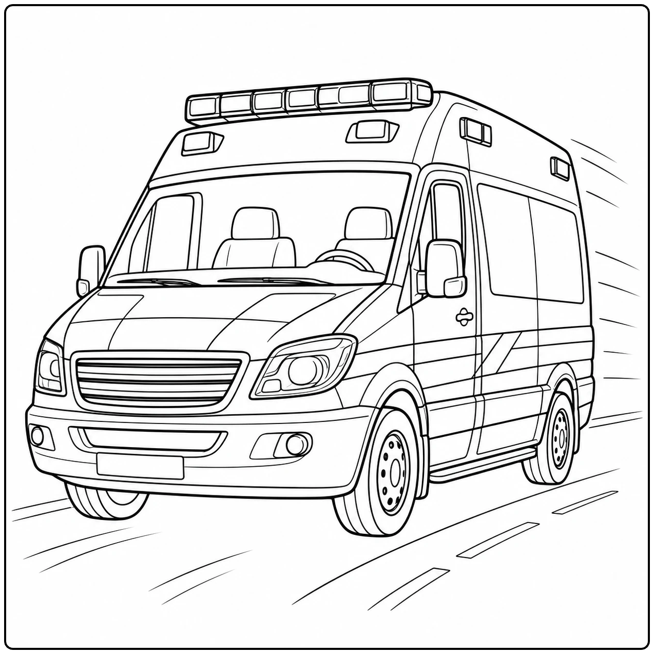 Rijdende ambulance in driekwartaanzicht met daklichten, zijdeur en bewegingslijnen op de weg
