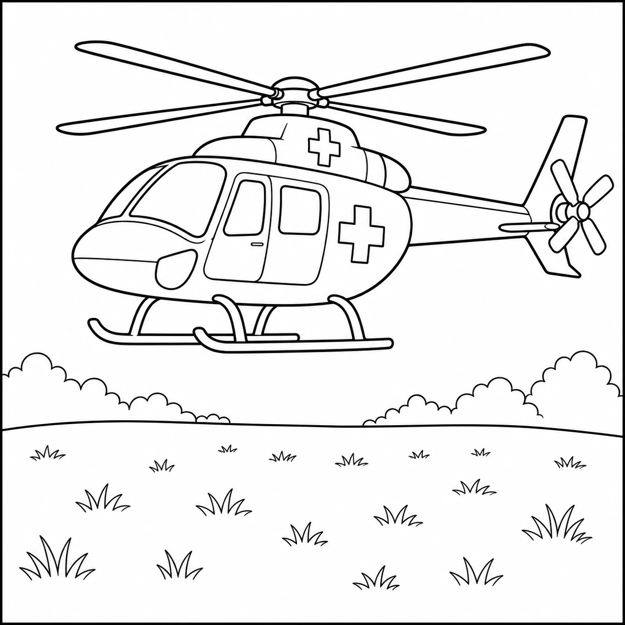 Een kleurplaat ambulance helicopter zweeft boven een grasveld met medische kruisen op cabine en deur
