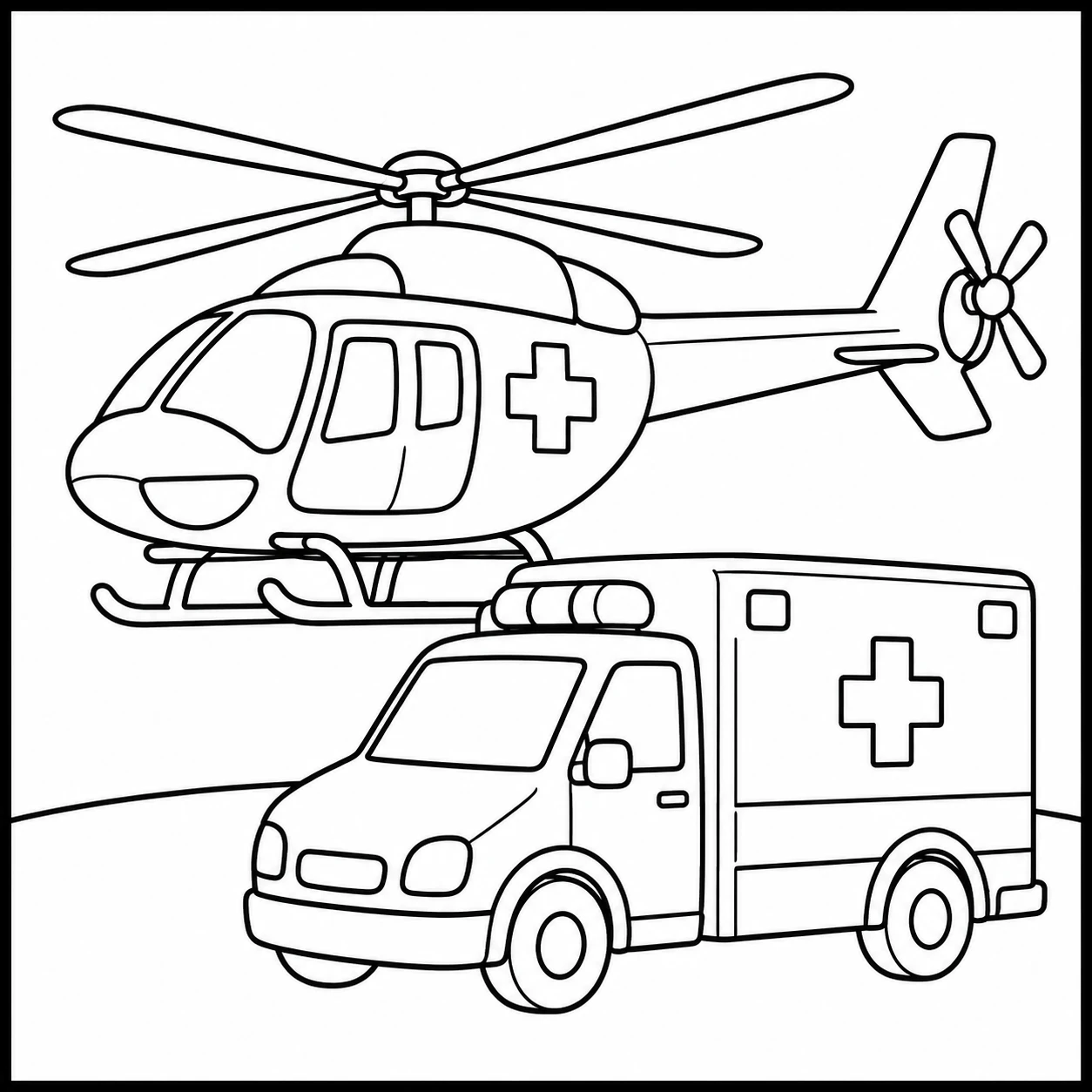 Een ambulancewagen rijdt onder een kleurplaat ambulance helicopter met duidelijke medische kruisen