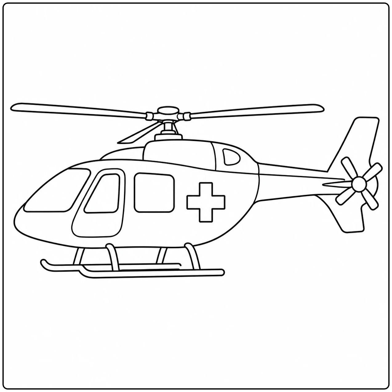 Eenvoudige kleurplaat ambulance helicopter in zijaanzicht met groot medisch kruis en landingsskids