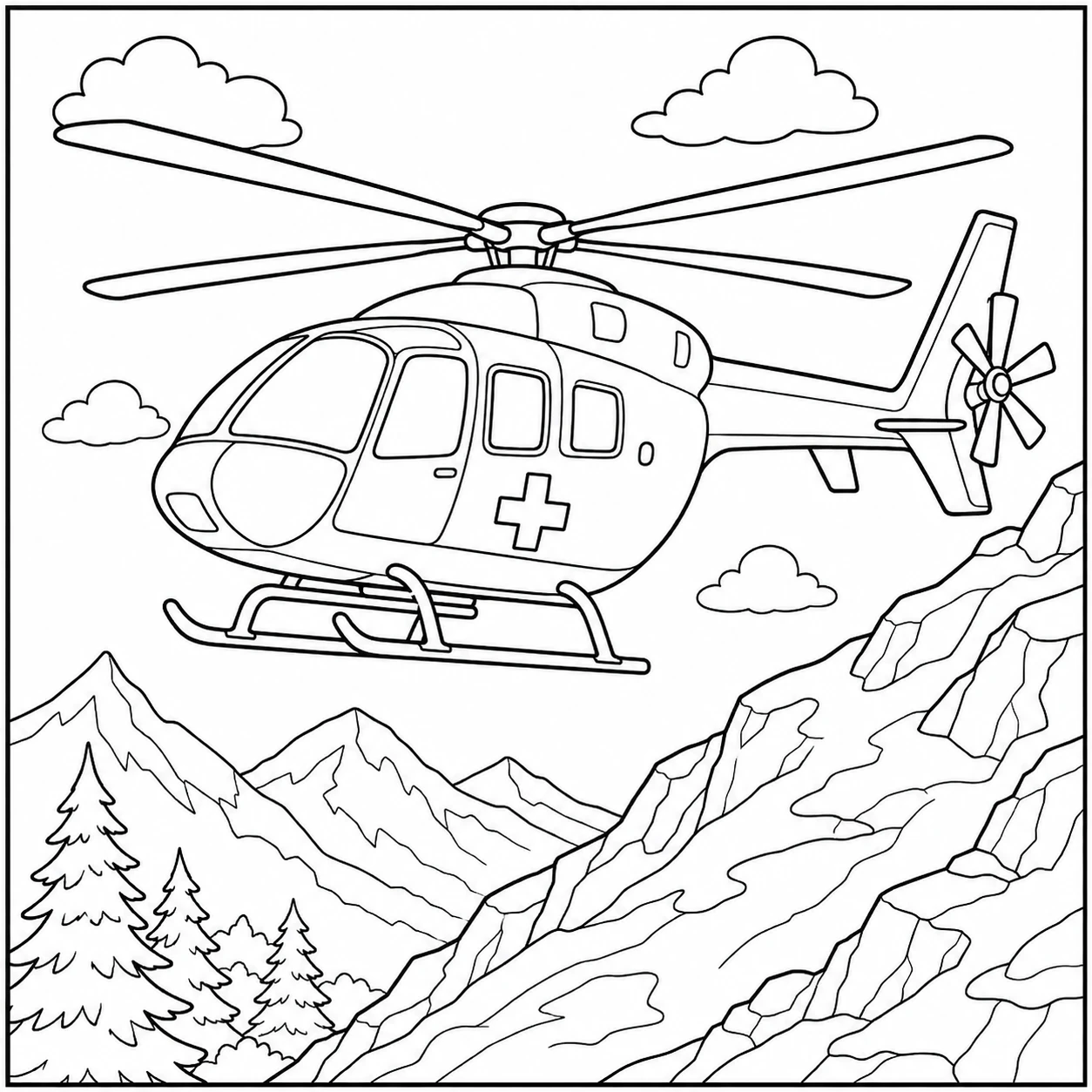 Tussen hoge bergtoppen vliegt een kleurplaat ambulance helicopter langs wolken en dennenbomen