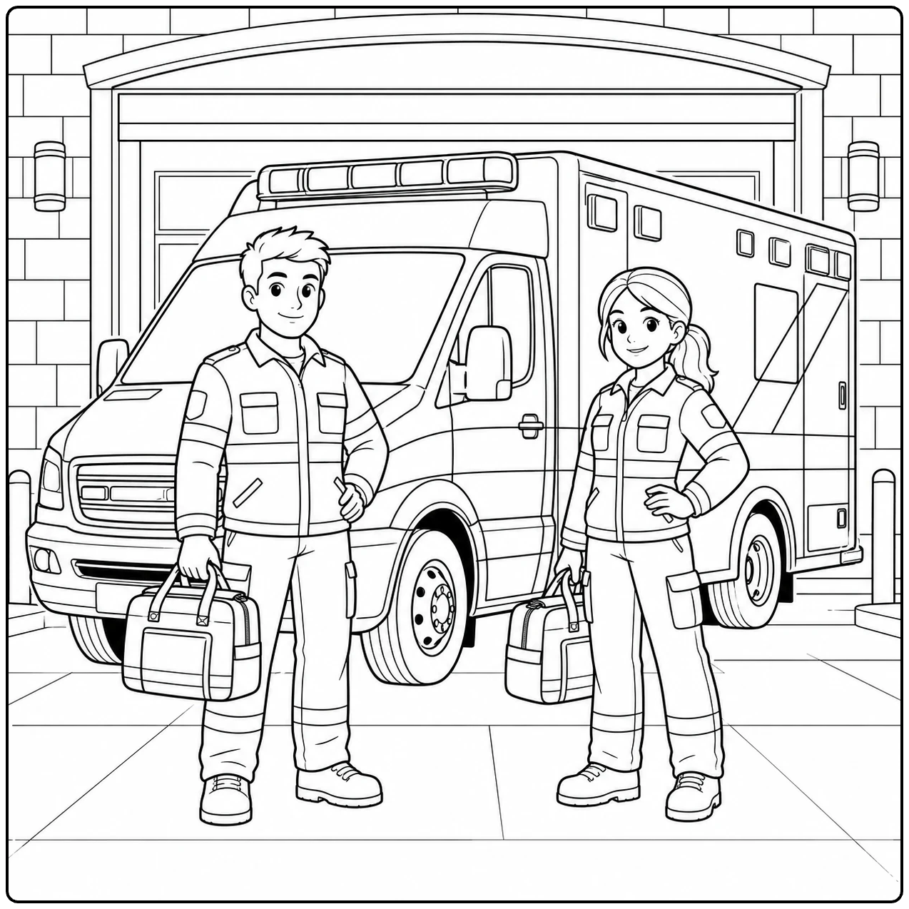 Ambulanceteam staat klaar voor de dienst bij een voertuig voor de ambulancepost