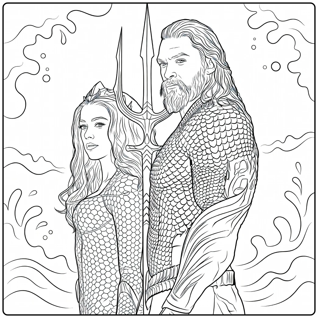Aquaman Kleurplaat met twee figuren staand in water en drietand ertussen